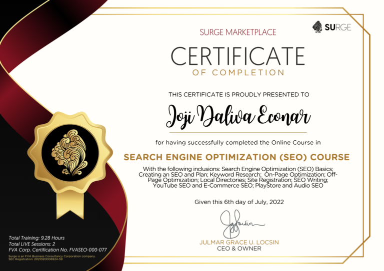 SEO Specialist online training - Surge Marketplace Davao