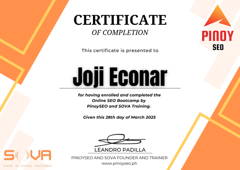 Joji Econar - SEO Specialist in the Philippines Certificate